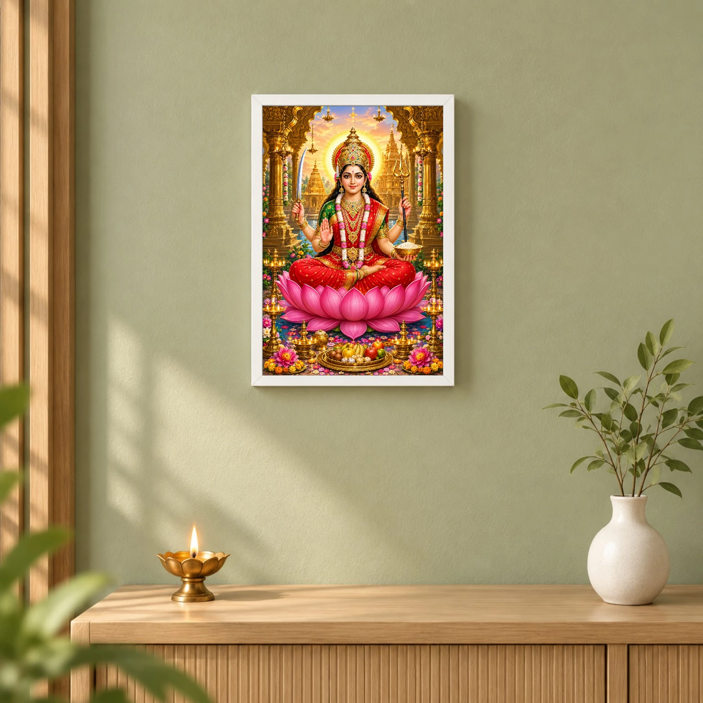 Santoshi Maa Friday Vrat Blessings Photo Frame 6 Santoshi Maa Friday Vrat Blessings Photo Frame — white frame distant wall