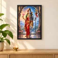 Ardhanarishvara Kailash Divine Unity Photo Frame — black frame pooja shelf