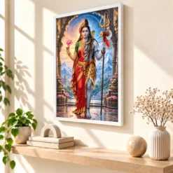 Ardhanarishvara Kailash Divine Unity Photo Frame — white frame warm console