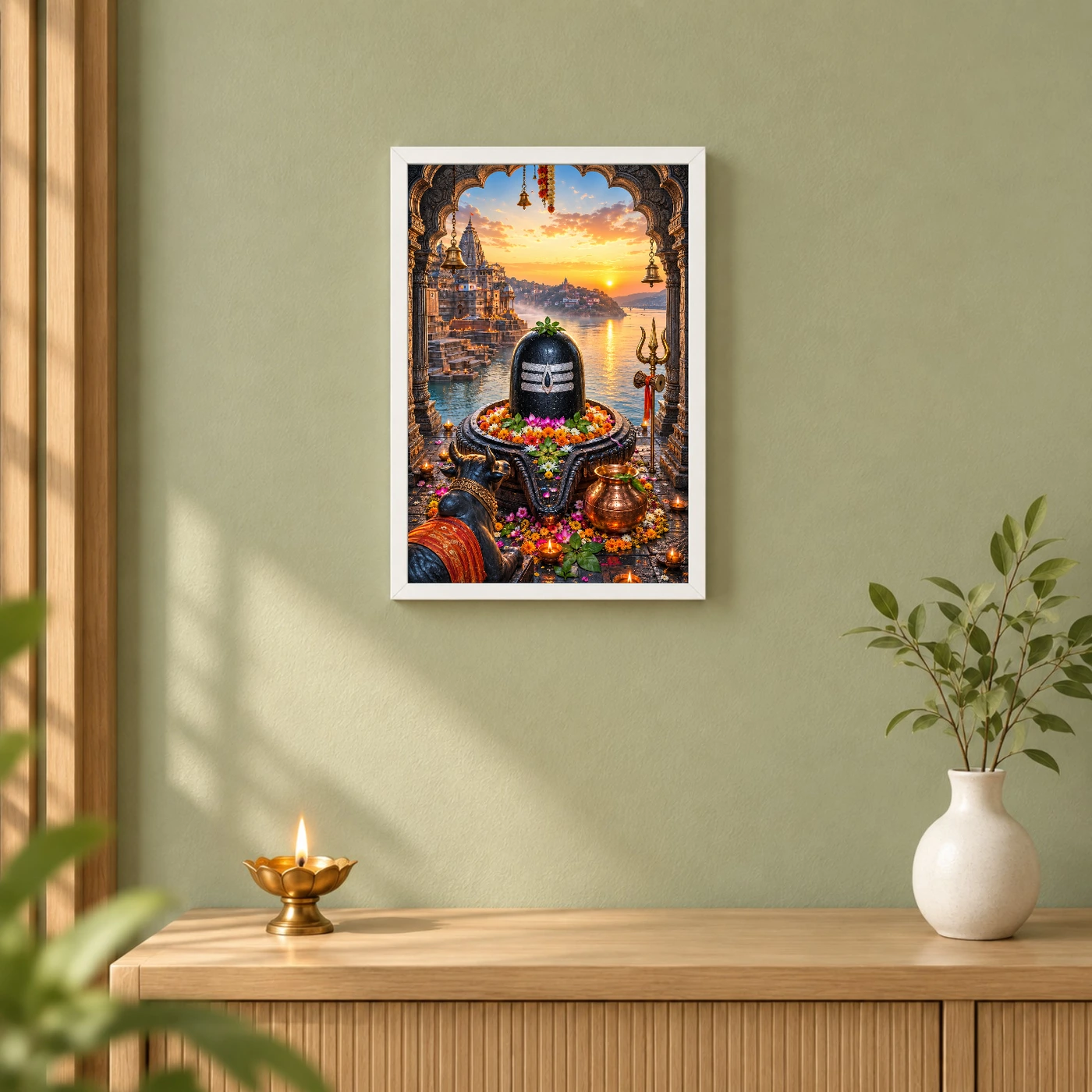Omkareshwar Jyotirlinga Narmada Darshan Photo Frame 6 Omkareshwar Jyotirlinga Narmada Darshan Photo Frame — white frame distant wall