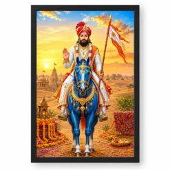 Ramdev Pir Runicha Blue Horse Blessings Photo Frame — black frame clean