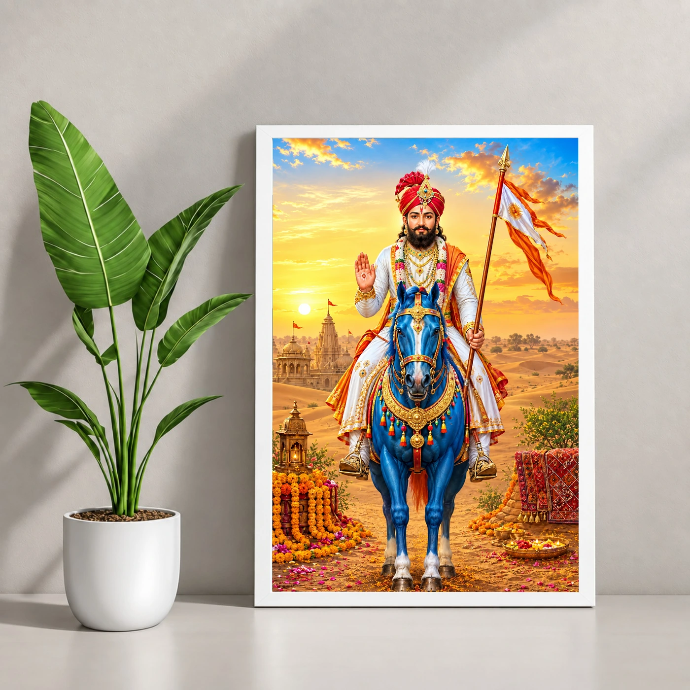 Ramdev Pir Runicha Blue Horse Blessings Photo Frame 4 Ramdev Pir Runicha Blue Horse Blessings Photo Frame — white frame console