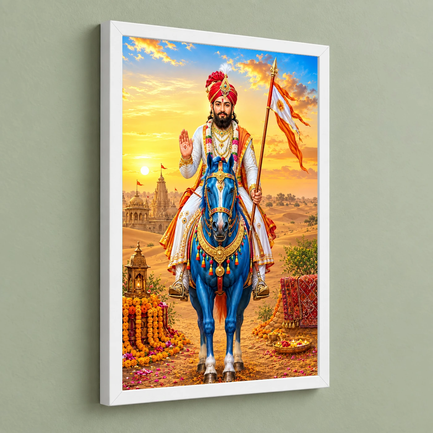 Ramdev Pir Runicha Blue Horse Blessings Photo Frame 5 Ramdev Pir Runicha Blue Horse Blessings Photo Frame — white frame angled wall