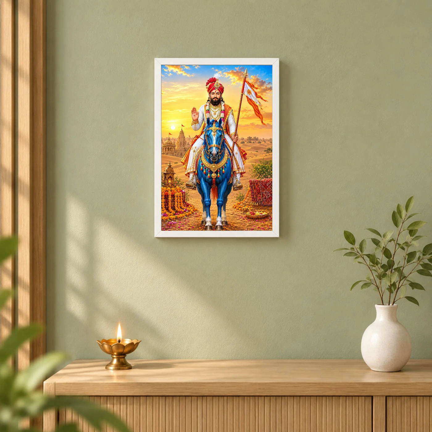 Ramdev Pir Runicha Blue Horse Blessings Photo Frame 6 Ramdev Pir Runicha Blue Horse Blessings Photo Frame — white frame distant wall