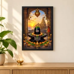 Somnath Jyotirlinga Arabian Sea Dawn Photo Frame — black frame pooja shelf