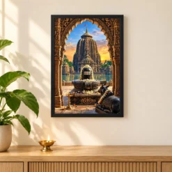 Lingaraj Ekamra Kshetra Dawn Photo Frame — black frame pooja shelf