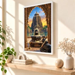 Lingaraj Ekamra Kshetra Dawn Photo Frame — white frame warm console