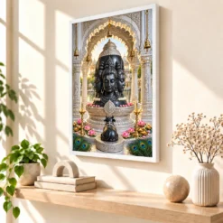 Eklingji Mewar Four-Faced Mahadev Photo Frame — white frame warm console