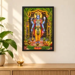Satyanarayan Vishnu Puja Photo Frame — black frame pooja shelf