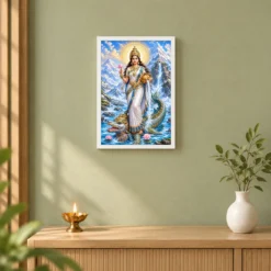 Ganga Maa Makara Vahana Photo Frame — white frame distant wall
