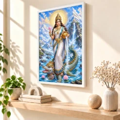 Ganga Maa Makara Vahana Photo Frame — white frame warm console