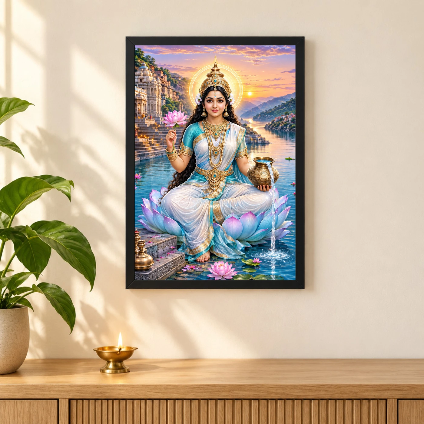Narmada Maa River Blessings Photo Frame 3 Narmada Maa River Blessings Photo Frame — black frame pooja shelf