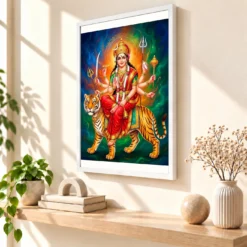 Chandraghanta Durga Navratri Crescent Moon Divine Art Photo Frame — white frame warm console