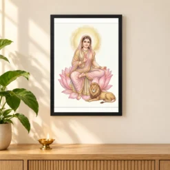 Durga Lotus Serene Motherly Pink Gold Devotional Art Photo Frame — black frame pooja shelf
