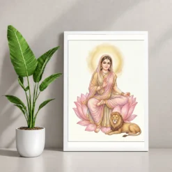 Durga Lotus Serene Motherly Pink Gold Devotional Art Photo Frame — white frame console