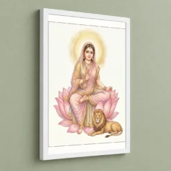 Durga Lotus Serene Motherly Pink Gold Devotional Art Photo Frame — white frame angled wall