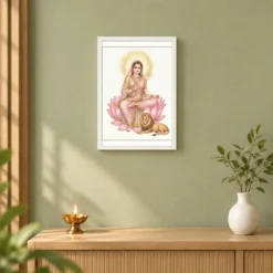Durga Lotus Serene Motherly Pink Gold Devotional Art Photo Frame — white frame distant wall