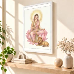 Durga Lotus Serene Motherly Pink Gold Devotional Art Photo Frame — white frame warm console
