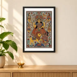 Durga Madhubani Folk Art Bihar Vibrant Traditional Painting Photo Frame — black frame pooja shelf