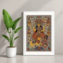 Durga Madhubani Folk Art Bihar Vibrant Traditional Painting Photo Frame — white frame console