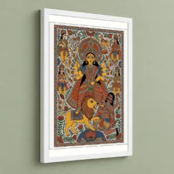 Durga Madhubani Folk Art Bihar Vibrant Traditional Painting Photo Frame — white frame angled wall