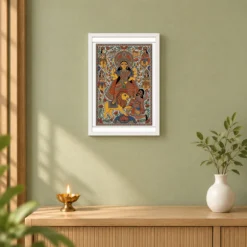 Durga Madhubani Folk Art Bihar Vibrant Traditional Painting Photo Frame — white frame distant wall