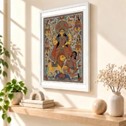 Durga Madhubani Folk Art Bihar Vibrant Traditional Painting Photo Frame — white frame warm console