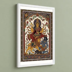 Durga Pattachitra Odisha Traditional Intricate Folk Art Photo Frame — white frame angled wall