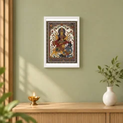 Durga Pattachitra Odisha Traditional Intricate Folk Art Photo Frame — white frame distant wall