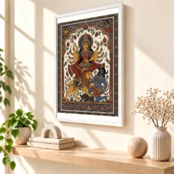 Durga Pattachitra Odisha Traditional Intricate Folk Art Photo Frame — white frame warm console
