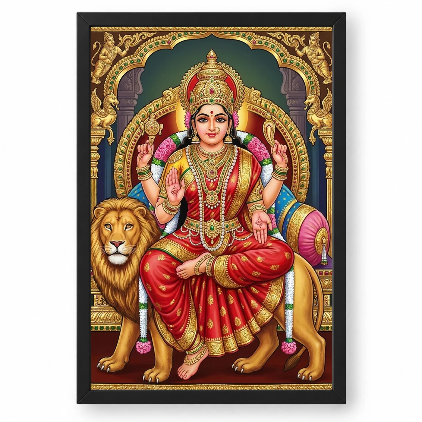 Durga Tanjore Painting Gold Jewels Red South Indian Art Photo Frame 1 Durga Tanjore Painting Gold Jewels Red South Indian Art Photo Frame — black frame clean
