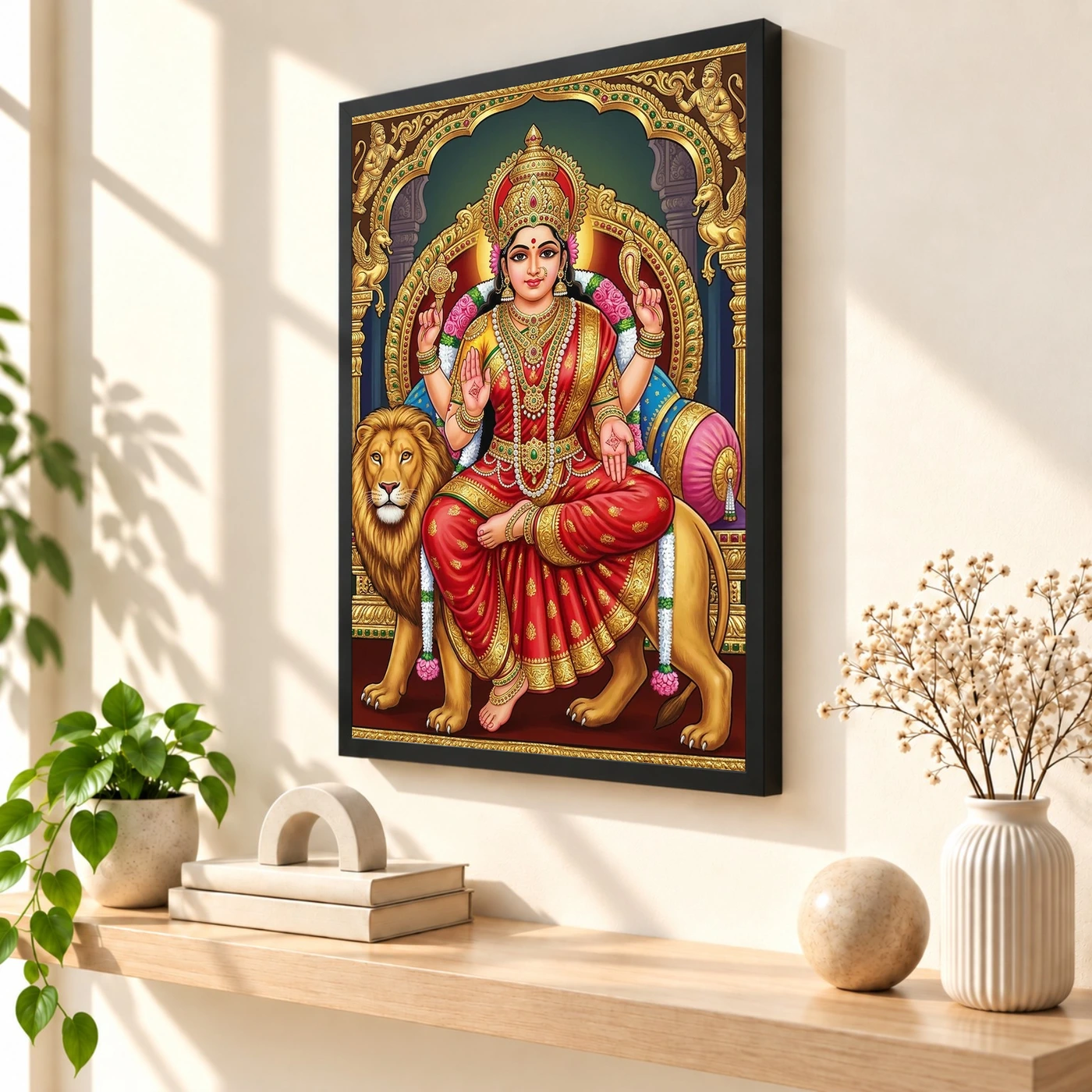 Durga Tanjore Painting Gold Jewels Red South Indian Art Photo Frame 2 Durga Tanjore Painting Gold Jewels Red South Indian Art Photo Frame — black frame console