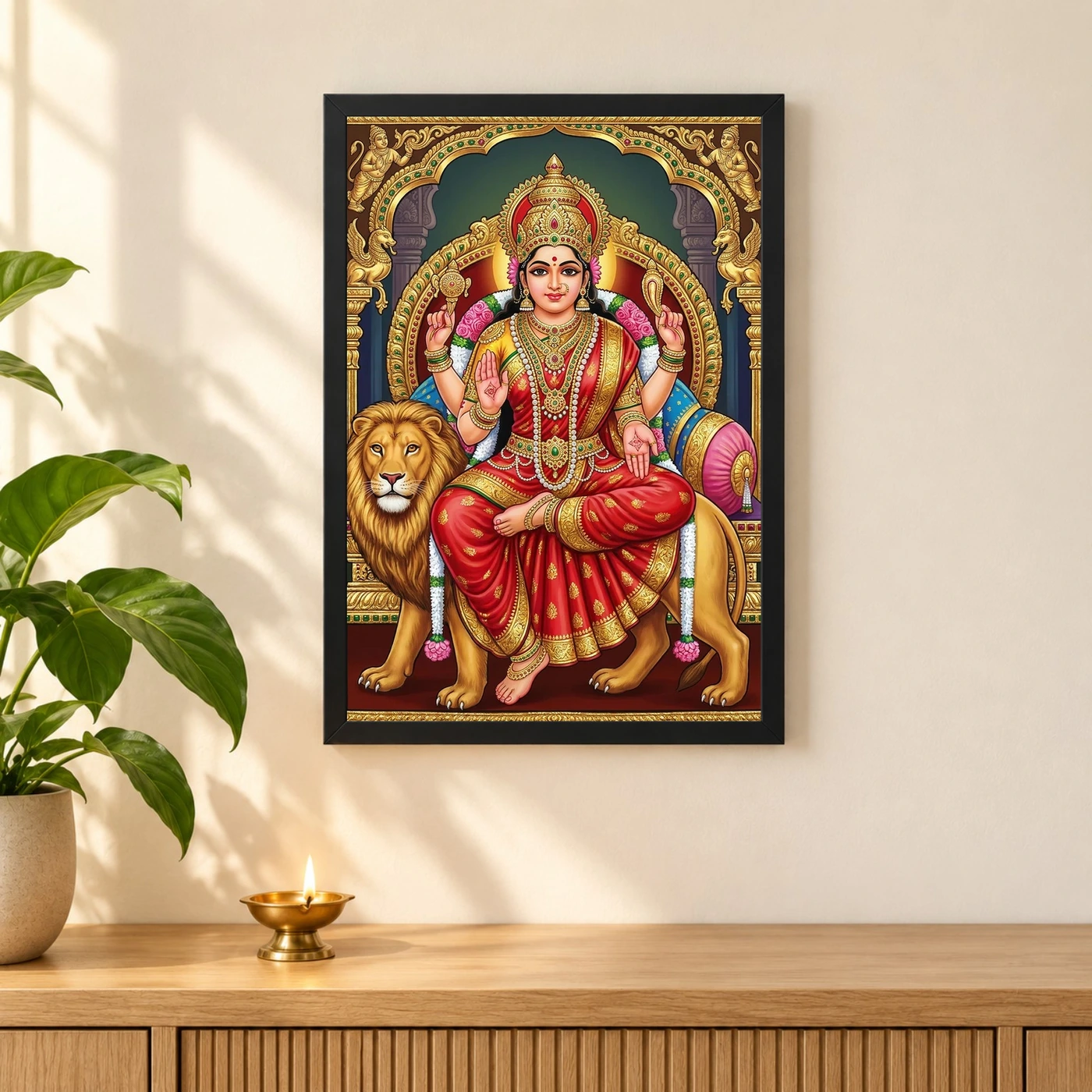 Durga Tanjore Painting Gold Jewels Red South Indian Art Photo Frame 3 Durga Tanjore Painting Gold Jewels Red South Indian Art Photo Frame — black frame pooja shelf