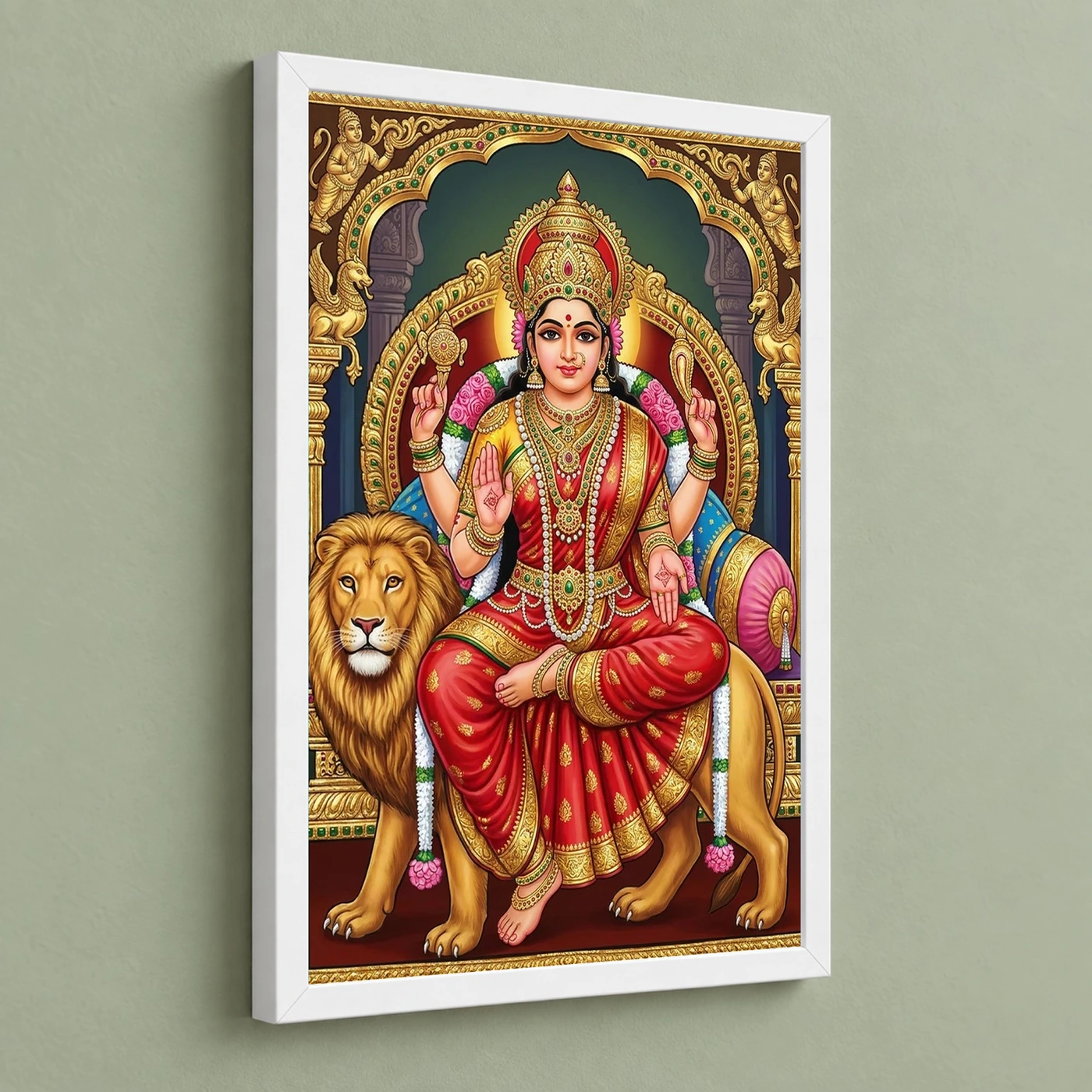 Durga Tanjore Painting Gold Jewels Red South Indian Art Photo Frame 5 Durga Tanjore Painting Gold Jewels Red South Indian Art Photo Frame — white frame angled wall
