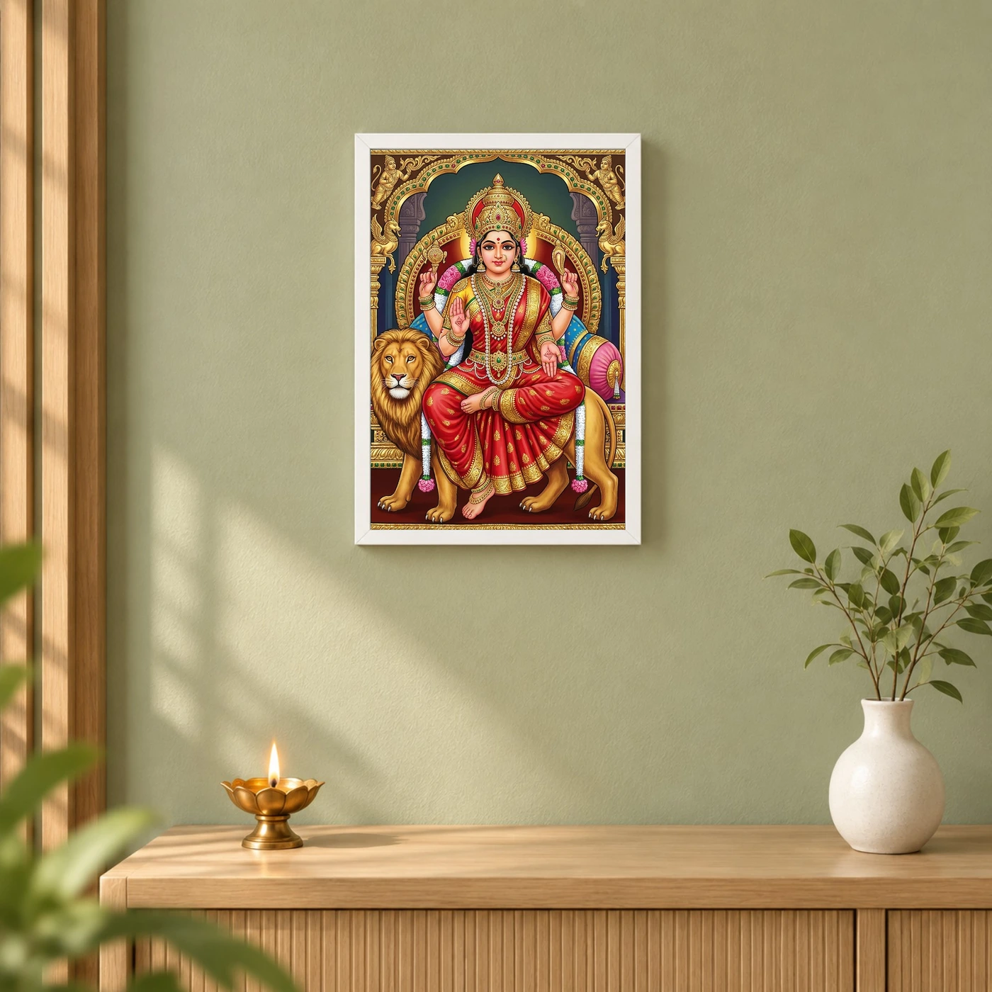 Durga Tanjore Painting Gold Jewels Red South Indian Art Photo Frame 6 Durga Tanjore Painting Gold Jewels Red South Indian Art Photo Frame — white frame distant wall