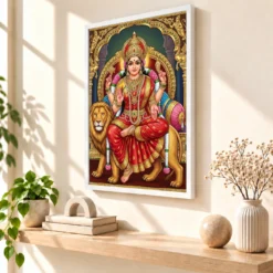 Durga Tanjore Painting Gold Jewels Red South Indian Art Photo Frame 15 Durga Tanjore Painting Gold Jewels Red South Indian Art Photo Frame — white frame warm console
