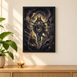 Kali Durga Energy Fierce Divine Feminine Dark Gold Art Photo Frame — black frame pooja shelf