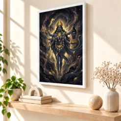 Kali Durga Energy Fierce Divine Feminine Dark Gold Art Photo Frame — white frame warm console