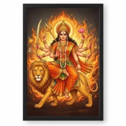 Katyayani Durga Warrior Form Orange Gold Portrait Art Photo Frame — black frame clean