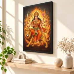 Katyayani Durga Warrior Form Orange Gold Portrait Art Photo Frame — black frame console