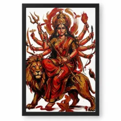 Maa Durga Abstract Red Gold Contemporary Expressive Art Photo Frame — black frame clean
