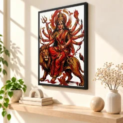 Maa Durga Abstract Red Gold Contemporary Expressive Art Photo Frame — black frame console