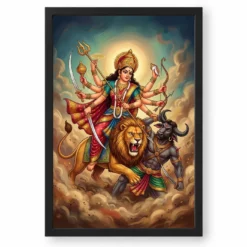 Maa Durga Lion Mahishasuramardini Ten Arms Navratri Art Photo Frame — black frame clean