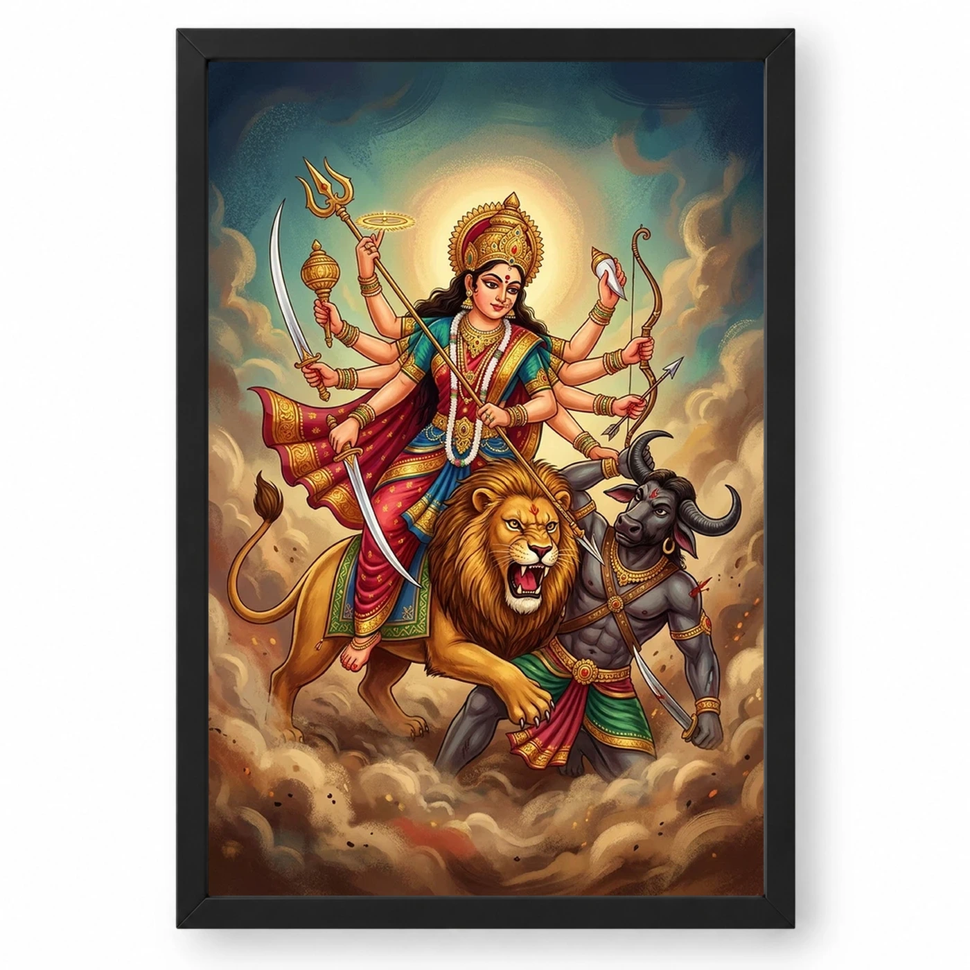 Maa Durga Lion Mahishasuramardini Ten Arms Navratri Art Photo Frame 1 Maa Durga Lion Mahishasuramardini Ten Arms Navratri Art Photo Frame — black frame clean