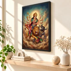 Maa Durga Lion Mahishasuramardini Ten Arms Navratri Art Photo Frame — black frame console