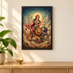 Maa Durga Lion Mahishasuramardini Ten Arms Navratri Art Photo Frame 11 Maa Durga Lion Mahishasuramardini Ten Arms Navratri Art Photo Frame — black frame pooja shelf