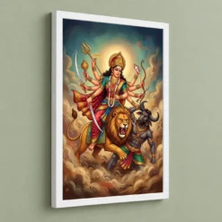 Maa Durga Lion Mahishasuramardini Ten Arms Navratri Art Photo Frame 13 Maa Durga Lion Mahishasuramardini Ten Arms Navratri Art Photo Frame — white frame angled wall