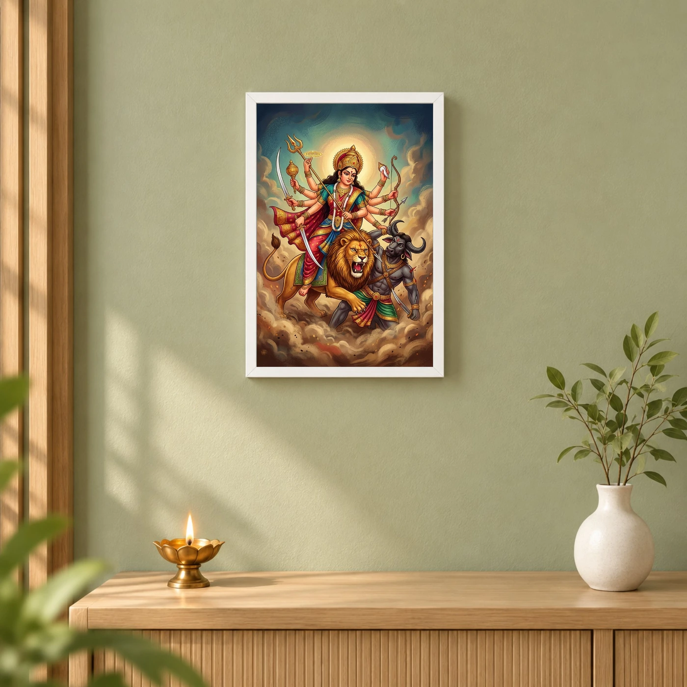 Maa Durga Lion Mahishasuramardini Ten Arms Navratri Art Photo Frame 6 Maa Durga Lion Mahishasuramardini Ten Arms Navratri Art Photo Frame — white frame distant wall
