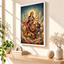 Maa Durga Lion Mahishasuramardini Ten Arms Navratri Art Photo Frame 15 Maa Durga Lion Mahishasuramardini Ten Arms Navratri Art Photo Frame — white frame warm console