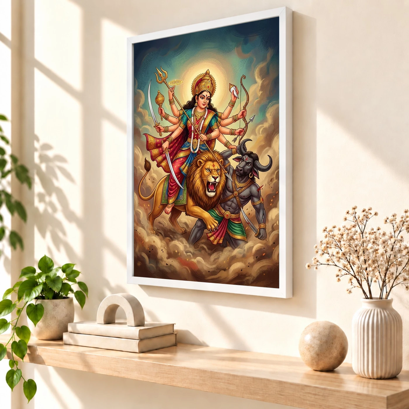 Maa Durga Lion Mahishasuramardini Ten Arms Navratri Art Photo Frame 7 Maa Durga Lion Mahishasuramardini Ten Arms Navratri Art Photo Frame — white frame warm console
